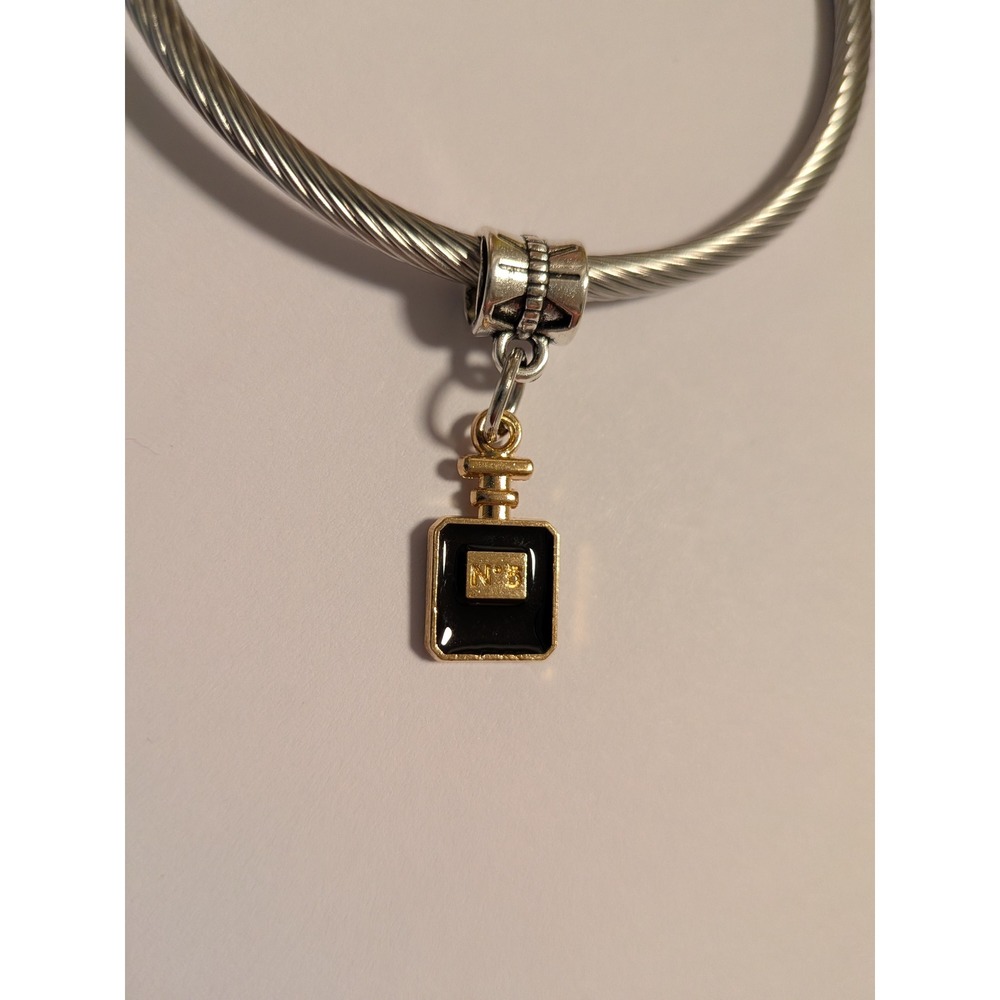 Vintage Style Perfume Bottle N°5 Charm Gold Tone Black Enamel Slider Pendant